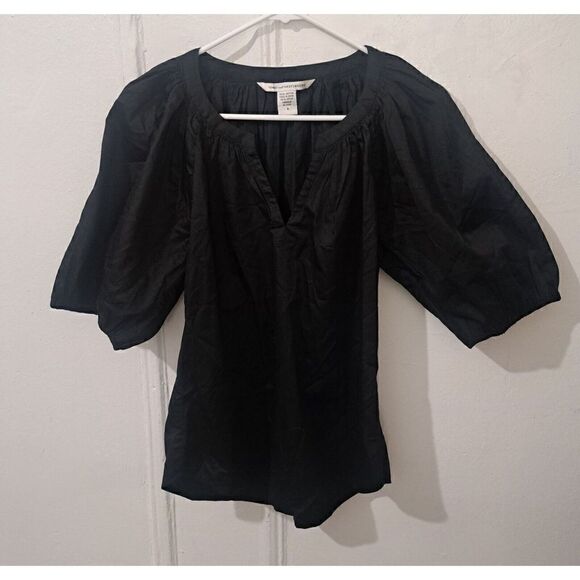 Diane Von Furstenberg Womens Small Baloon Puffer Sleeve Split Neck Top Black - Picture 1 of 7